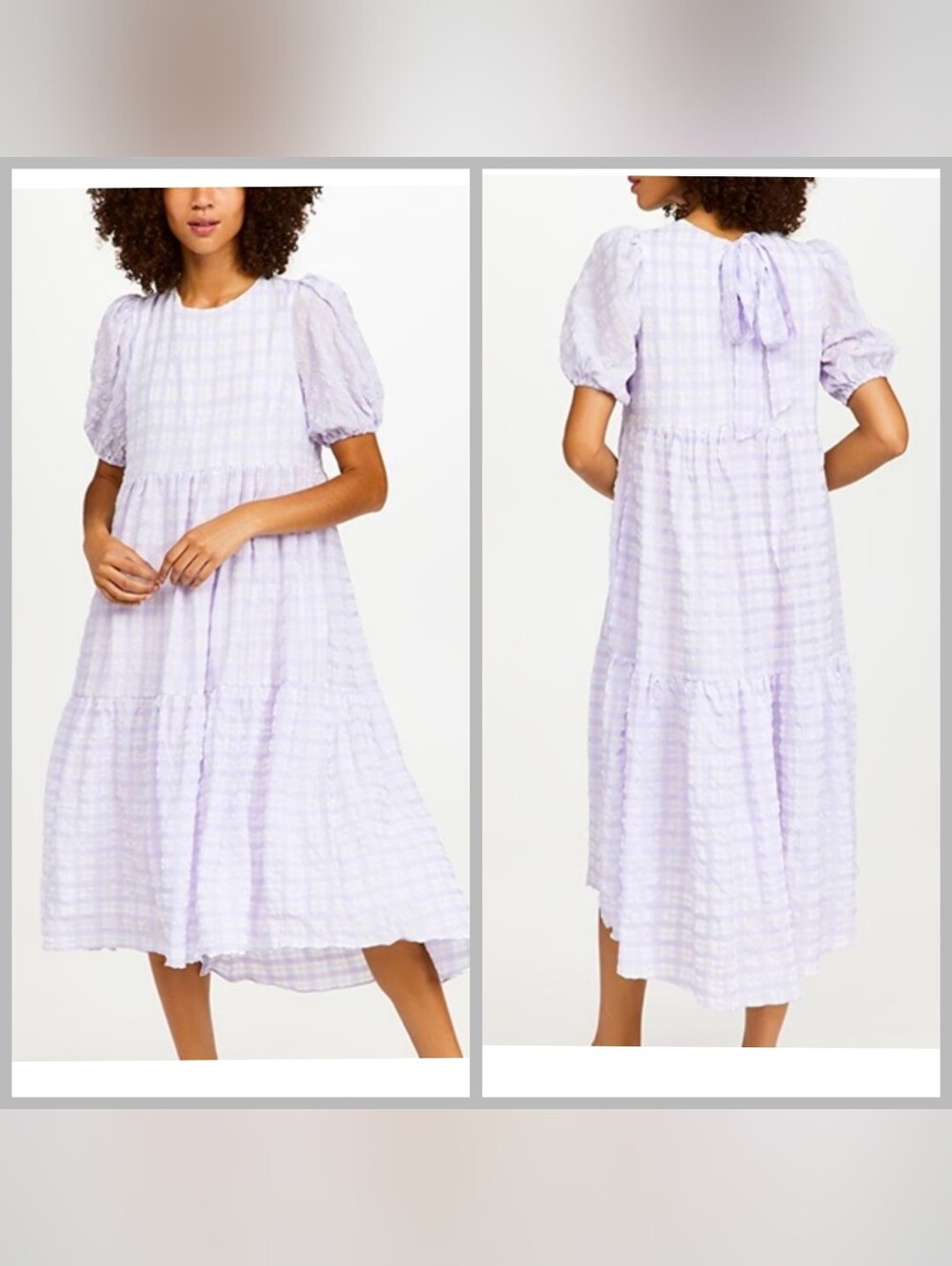 Bohemian English Factory Lavender Checked Puff-Sleeve Tiered Midi Dress Peasant